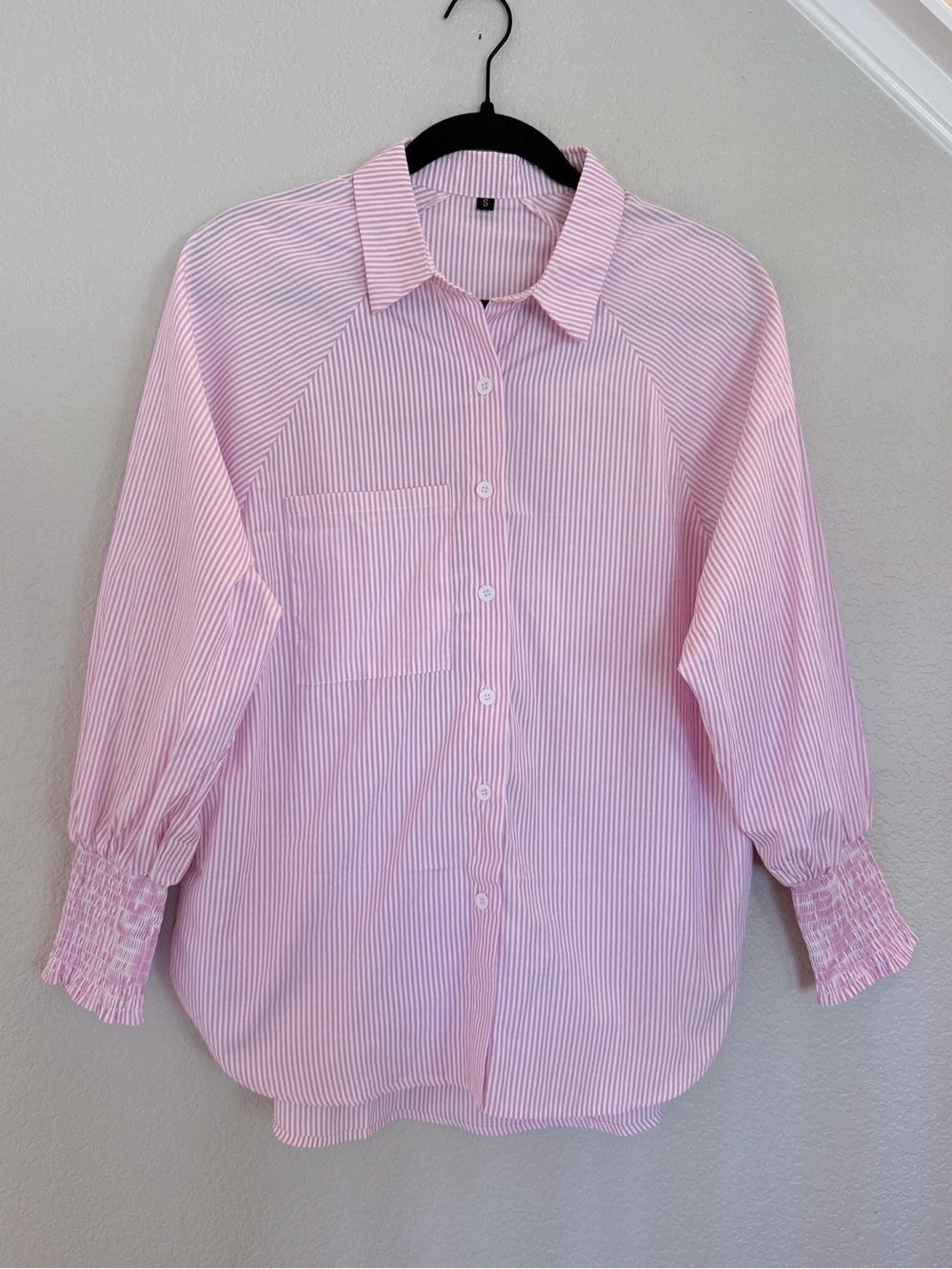 Pink & White Stripe Oversized Button-Down with Smocked Cuffs